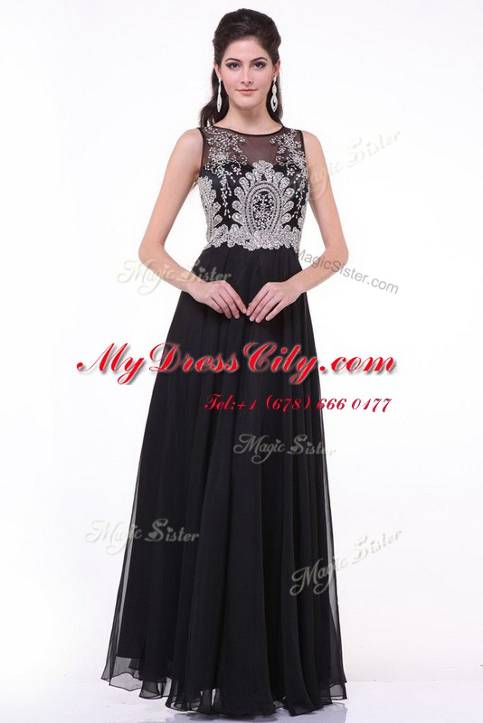 Lovely Black Evening Dress Prom and Party and For with Beading and Appliques and Ruching Scoop Sleeveless Zipper