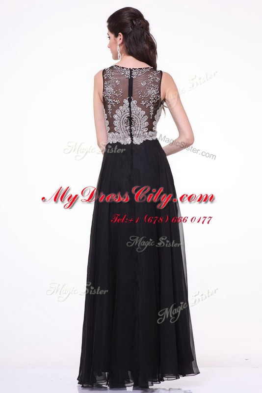 Lovely Black Evening Dress Prom and Party and For with Beading and Appliques and Ruching Scoop Sleeveless Zipper