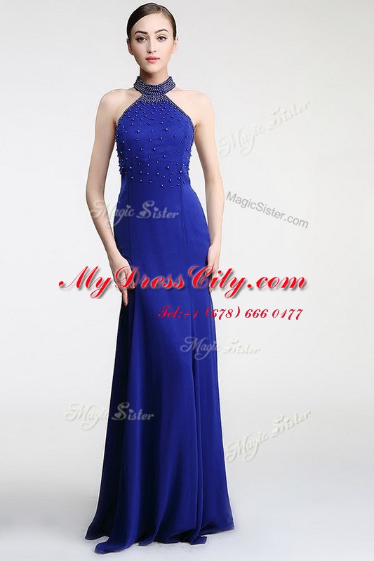 Lovely Royal Blue Evening Dress Prom and Party and For with Lace High-neck Sleeveless Sweep Train Zipper