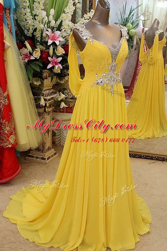 Elegant Scoop Sleeveless Appliques Backless with Yellow Brush Train