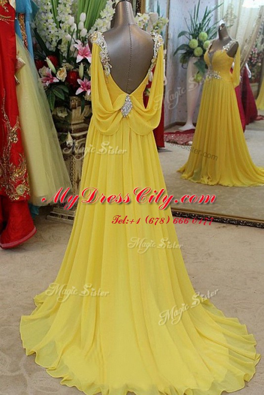 Elegant Scoop Sleeveless Appliques Backless with Yellow Brush Train