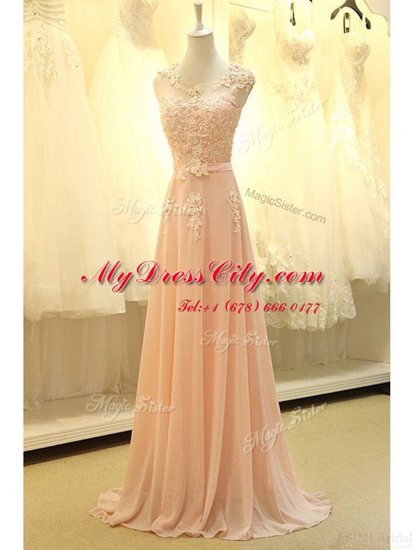 Cute Scoop Sleeveless Organza Sweep Train Zipper Dress for Prom in Peach with Appliques and Belt