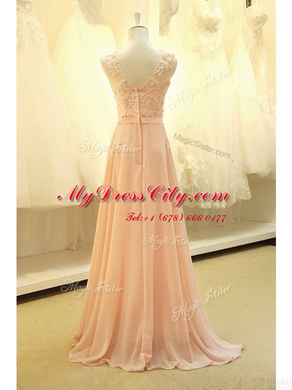 Cute Scoop Sleeveless Organza Sweep Train Zipper Dress for Prom in Peach with Appliques and Belt