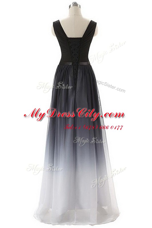 Top Selling Black Sleeveless Floor Length Belt Lace Up Homecoming Dress