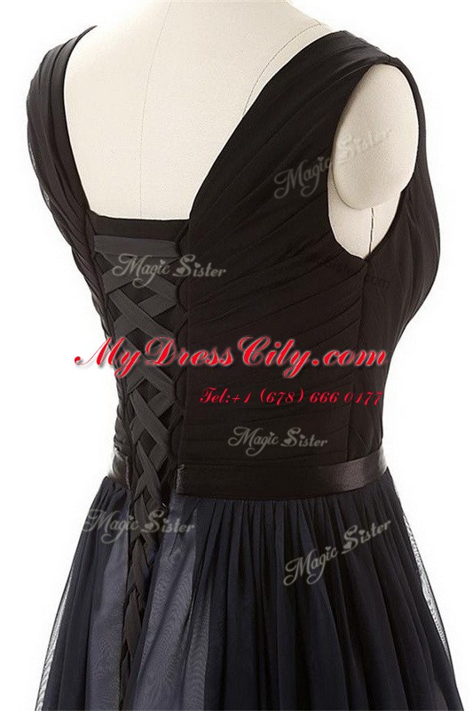 Top Selling Black Sleeveless Floor Length Belt Lace Up Homecoming Dress