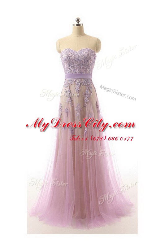 Enchanting Organza Sweetheart Sleeveless Brush Train Zipper Lace and Appliques and Belt Evening Dress in Lilac