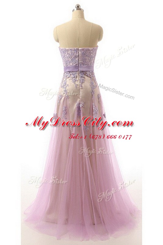 Enchanting Organza Sweetheart Sleeveless Brush Train Zipper Lace and Appliques and Belt Evening Dress in Lilac