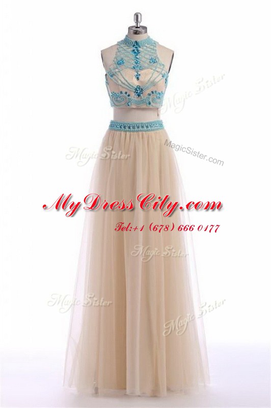 Fancy Floor Length Champagne Dress for Prom High-neck Sleeveless Zipper