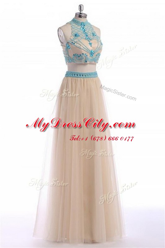 Fancy Floor Length Champagne Dress for Prom High-neck Sleeveless Zipper