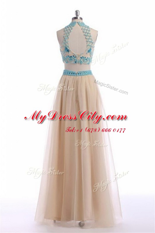 Fancy Floor Length Champagne Dress for Prom High-neck Sleeveless Zipper