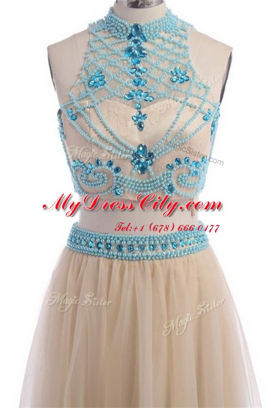 Fancy Floor Length Champagne Dress for Prom High-neck Sleeveless Zipper