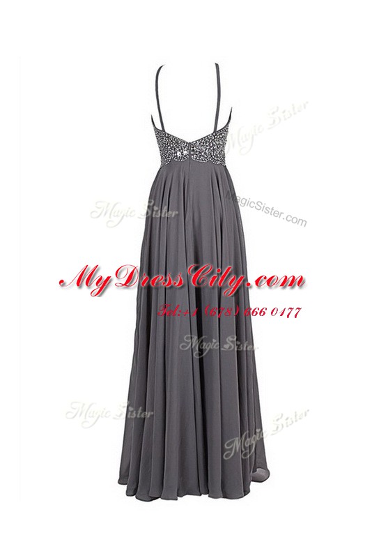 Pretty Grey Spaghetti Straps Zipper Beading Prom Dresses Sleeveless