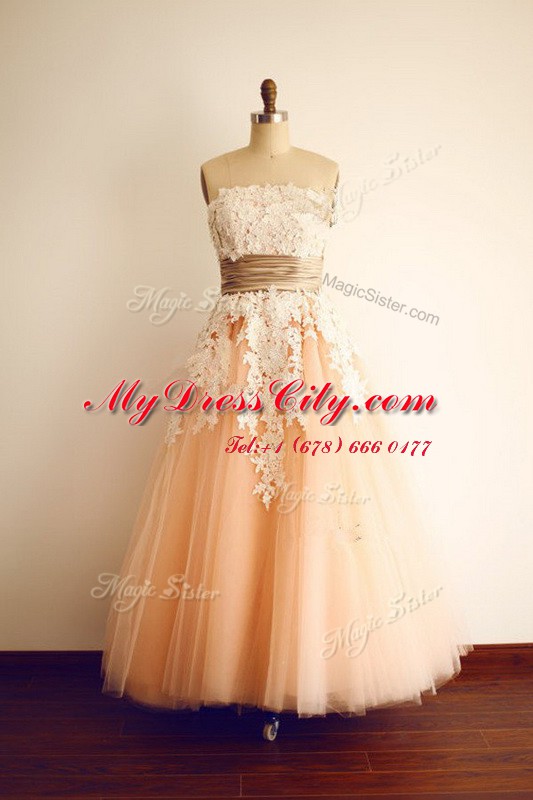 Elegant Peach Womens Party Dresses Prom and Party and For with Lace and Appliques and Belt Strapless Sleeveless Zipper