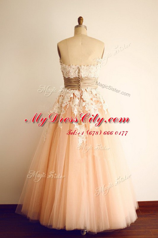 Elegant Peach Womens Party Dresses Prom and Party and For with Lace and Appliques and Belt Strapless Sleeveless Zipper