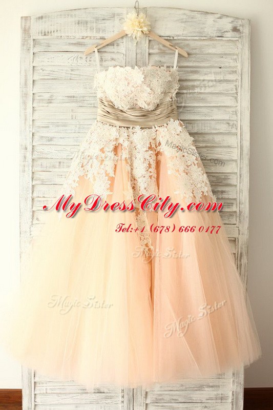 Elegant Peach Womens Party Dresses Prom and Party and For with Lace and Appliques and Belt Strapless Sleeveless Zipper