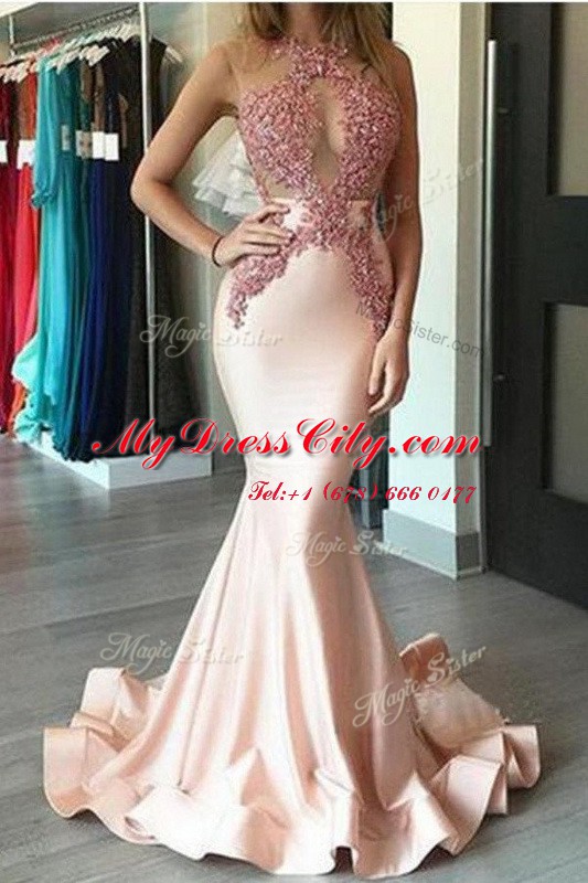 Mermaid With Train Peach Dress for Prom Scoop Sleeveless Brush Train Zipper