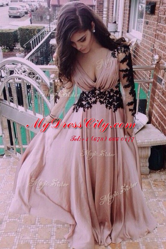 Long Sleeves Floor Length Ruching Zipper Dress for Prom with Pink