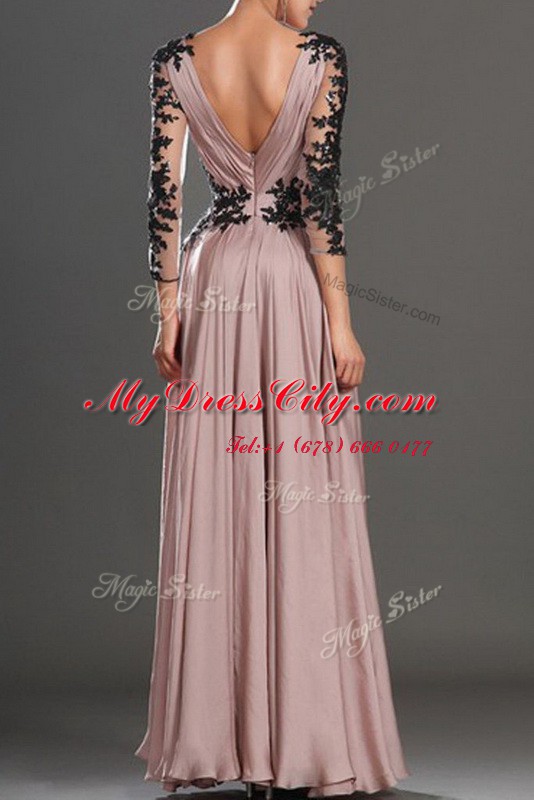 Long Sleeves Floor Length Ruching Zipper Dress for Prom with Pink