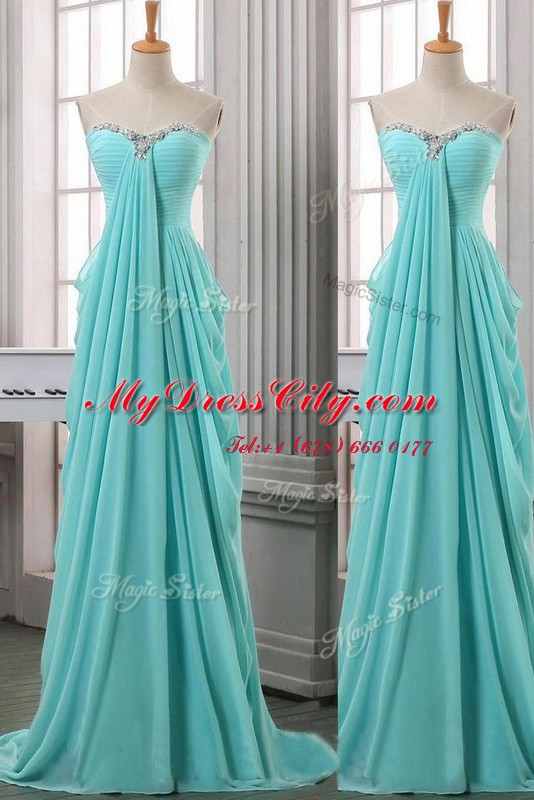 Turquoise Chiffon Zipper Sweetheart Sleeveless With Train Homecoming Dress Brush Train Ruching