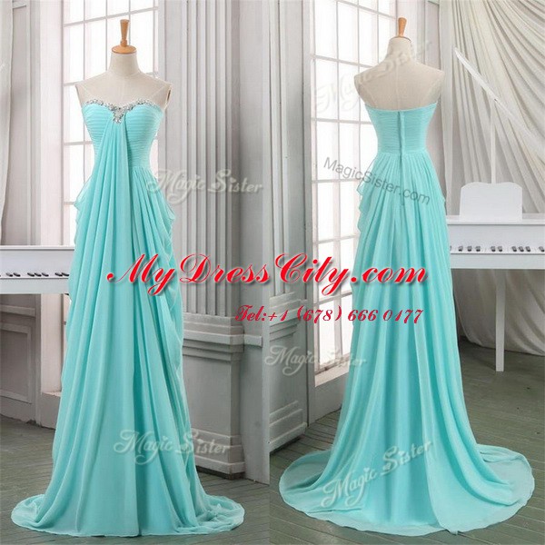 Turquoise Chiffon Zipper Sweetheart Sleeveless With Train Homecoming Dress Brush Train Ruching