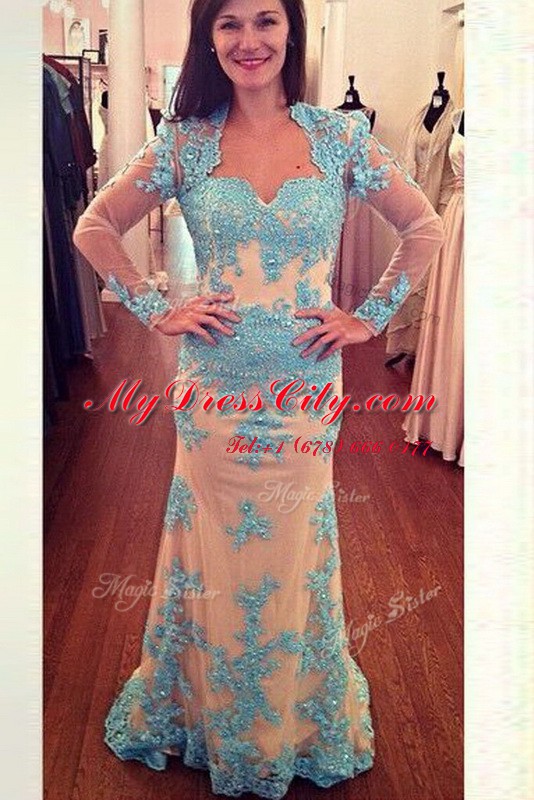 White and Blue Chiffon Zipper Square Long Sleeves With Train Evening Dress Brush Train Beading