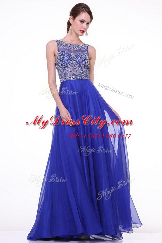 Royal Blue Bateau Zipper Beading and Ruching Evening Dress Brush Train Sleeveless