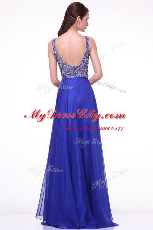 Royal Blue Bateau Zipper Beading and Ruching Evening Dress Brush Train Sleeveless