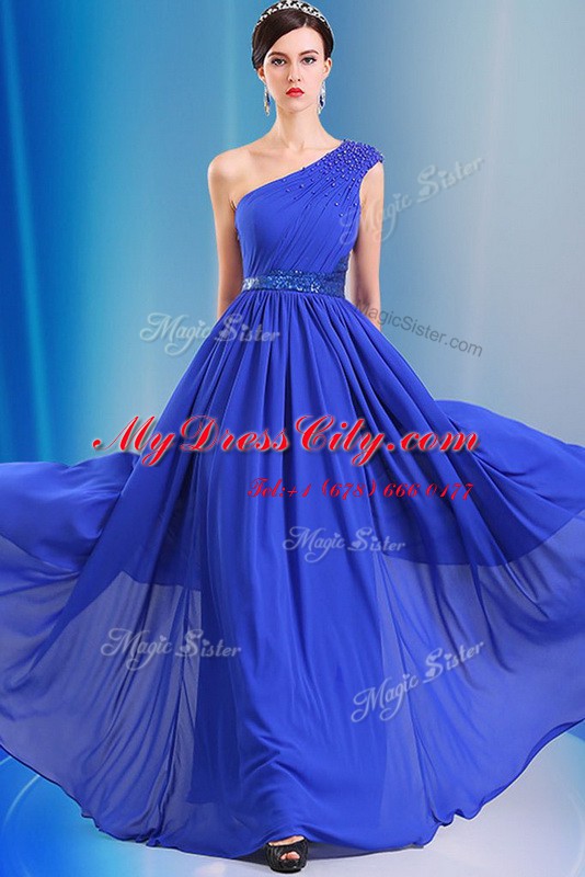 Chic Royal Blue Prom Dress Prom and Party and For with Ruching and Belt One Shoulder Sleeveless Side Zipper