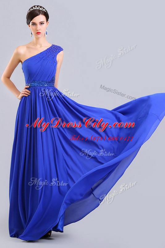 Chic Royal Blue Prom Dress Prom and Party and For with Ruching and Belt One Shoulder Sleeveless Side Zipper