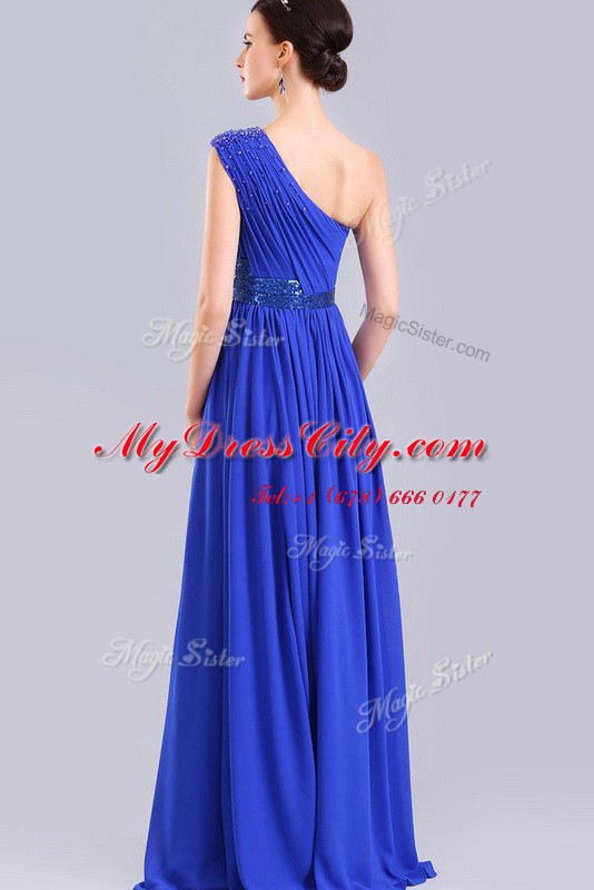 Chic Royal Blue Prom Dress Prom and Party and For with Ruching and Belt One Shoulder Sleeveless Side Zipper