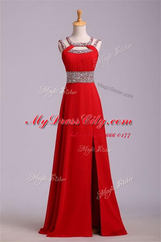 Wonderful Satin Halter Top Sleeveless Zipper Beading and Belt Prom Dress in Red