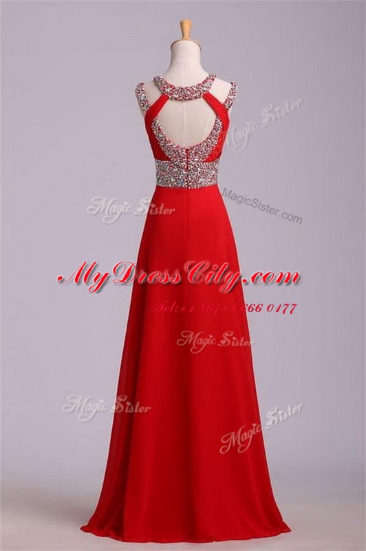 Wonderful Satin Halter Top Sleeveless Zipper Beading and Belt Prom Dress in Red