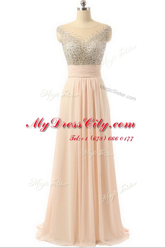 Scoop Peach Sleeveless Beading and Sequins and Belt Side Zipper Evening Dress