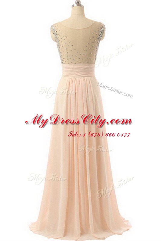 Scoop Peach Sleeveless Beading and Sequins and Belt Side Zipper Evening Dress