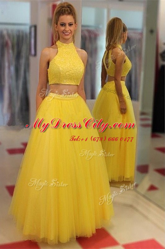 Yellow Zipper High-neck Sequins Prom Party Dress Chiffon Sleeveless