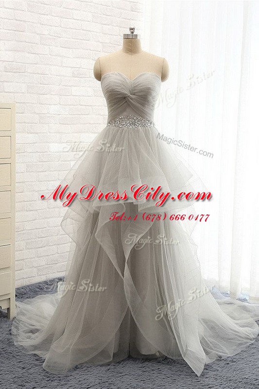 Glamorous Sweetheart Sleeveless Chiffon Pageant Gowns Ruching Brush Train Lace Up