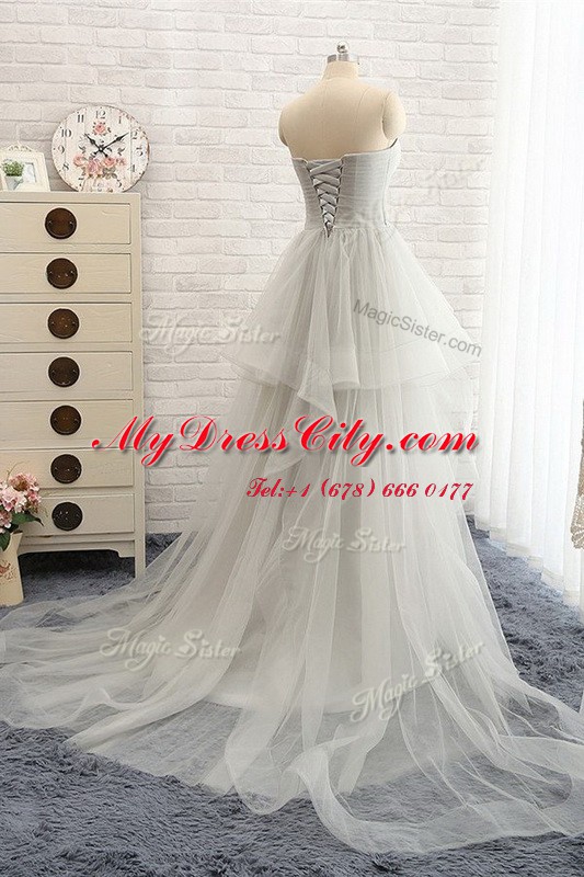 Glamorous Sweetheart Sleeveless Chiffon Pageant Gowns Ruching Brush Train Lace Up