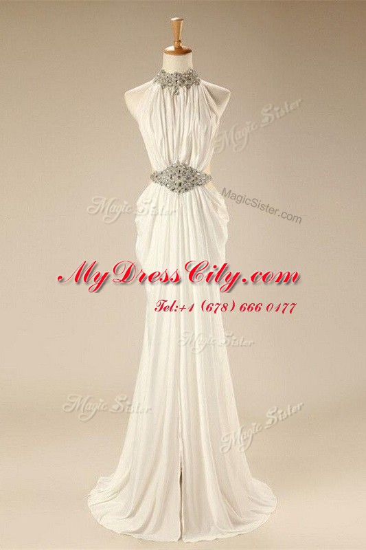 Glorious White High-neck Neckline Beading and Belt Prom Gown Sleeveless Zipper