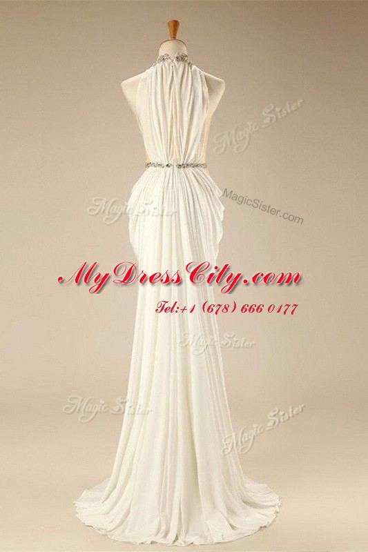 Glorious White High-neck Neckline Beading and Belt Prom Gown Sleeveless Zipper