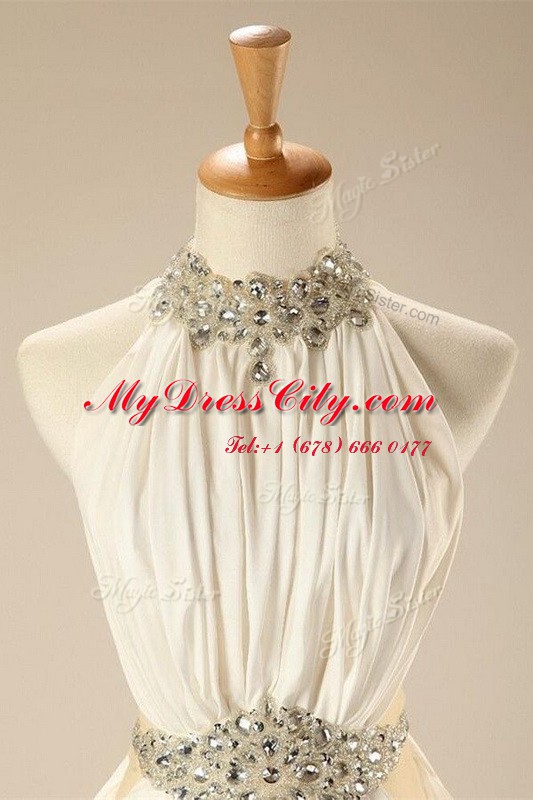 Glorious White High-neck Neckline Beading and Belt Prom Gown Sleeveless Zipper