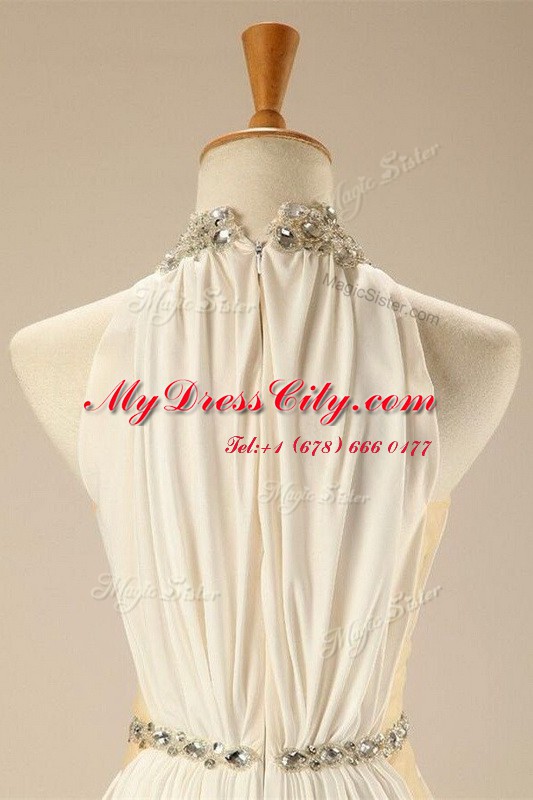 Glorious White High-neck Neckline Beading and Belt Prom Gown Sleeveless Zipper