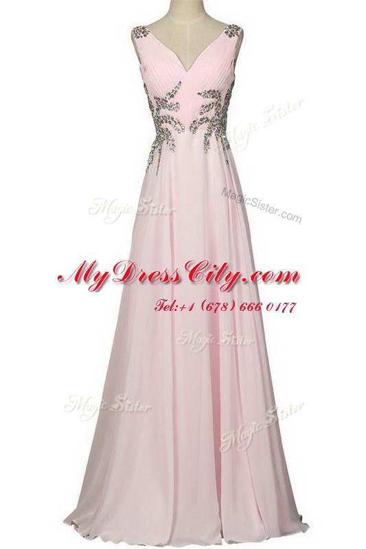 High End Brush Train Column/Sheath Prom Gown Baby Pink V-neck Chiffon Sleeveless With Train Zipper