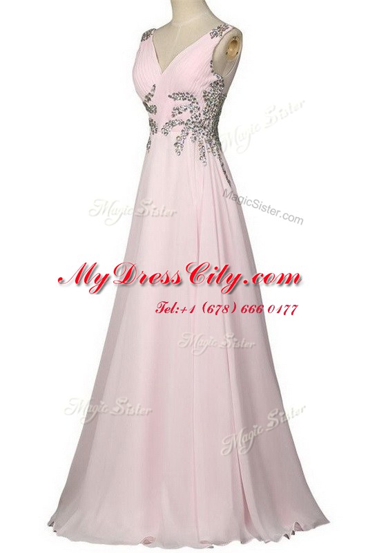 High End Brush Train Column/Sheath Prom Gown Baby Pink V-neck Chiffon Sleeveless With Train Zipper