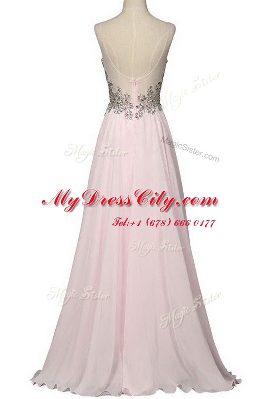 High End Brush Train Column/Sheath Prom Gown Baby Pink V-neck Chiffon Sleeveless With Train Zipper