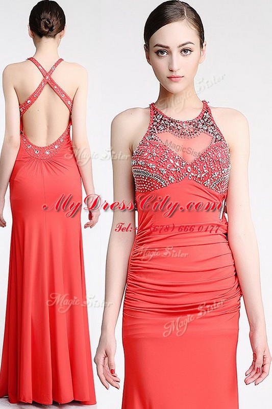 Scoop Watermelon Red Column/Sheath Beading Prom Evening Gown Criss Cross Chiffon Sleeveless Floor Length