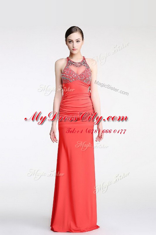 Scoop Watermelon Red Column/Sheath Beading Prom Evening Gown Criss Cross Chiffon Sleeveless Floor Length