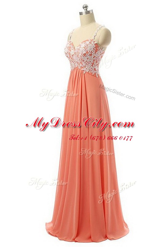 Chic Floor Length Watermelon Red Prom Dresses Spaghetti Straps Sleeveless Zipper