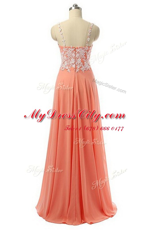 Chic Floor Length Watermelon Red Prom Dresses Spaghetti Straps Sleeveless Zipper