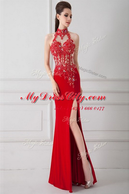 Red High-neck Zipper Beading and Appliques Prom Gown Sleeveless