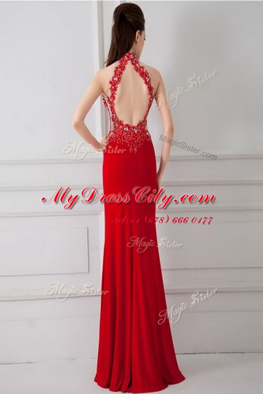 Red High-neck Zipper Beading and Appliques Prom Gown Sleeveless